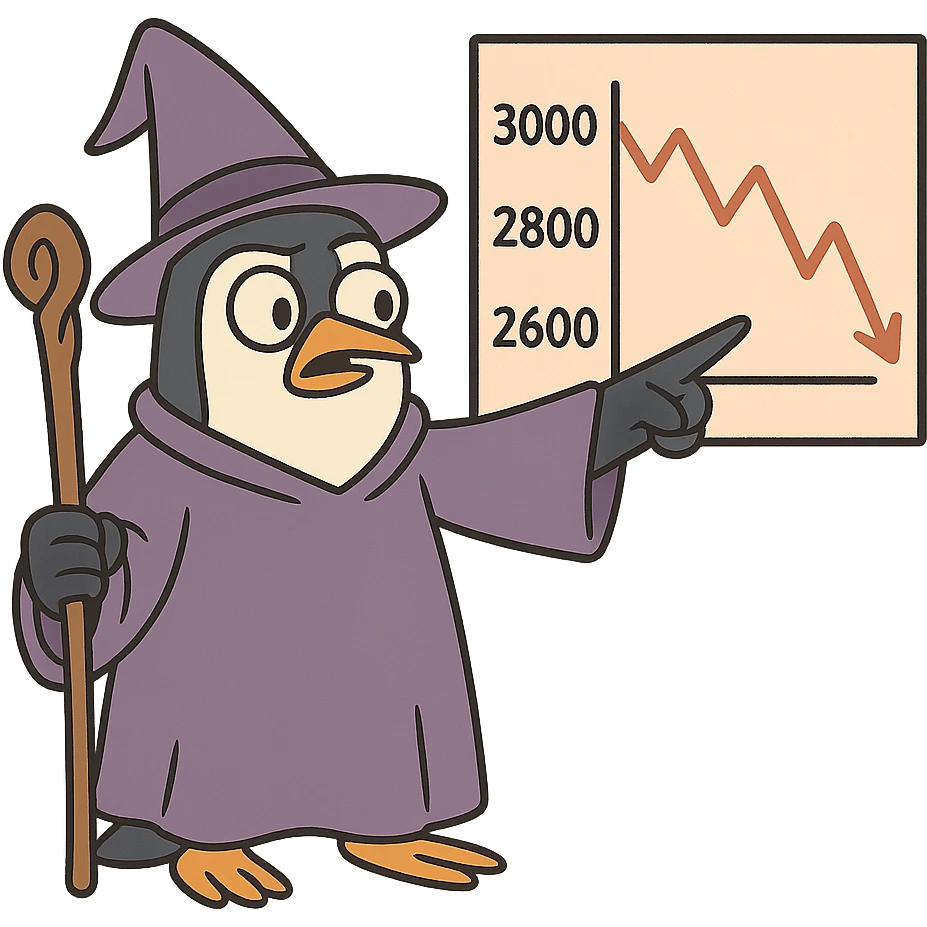penguin wizard pointing to a stock chart with numbers going down emoji