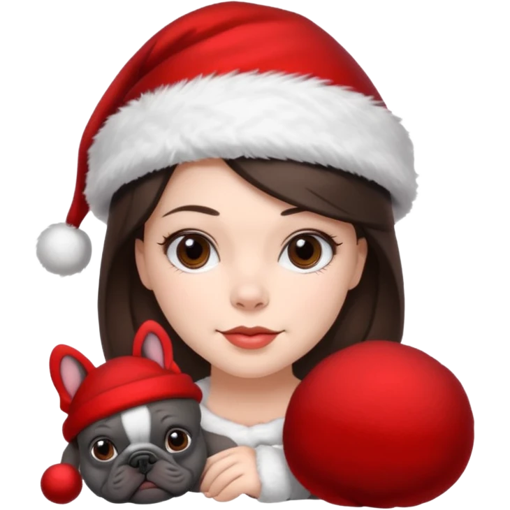 brunette woman with a dark grey French bulldog both wearing Santa emoji