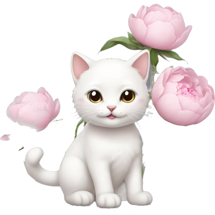 cute white cat holding light pink peonies emoji