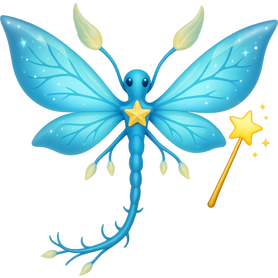 Add a magic wand to the neuron with sparkling fairy wings in the style of apple emojis, keeping the apple emoji style exactly, no background. emoji