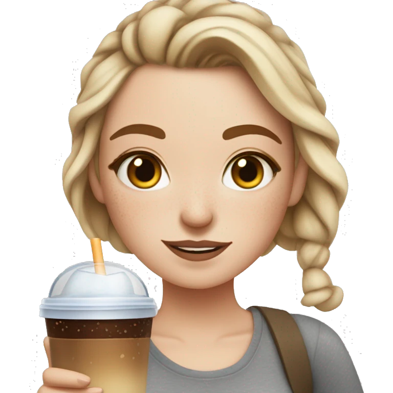 White girl with freckles in messybun holding iced coffee emoji