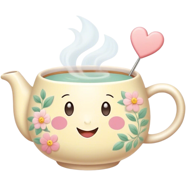 Cute Kawaii Tea Cup, steaming with warmth, a charming smiling face, soft pastel tones, delicate floral patterns, a tiny heart-shaped tea bag tag, cozy and inviting! emoji
