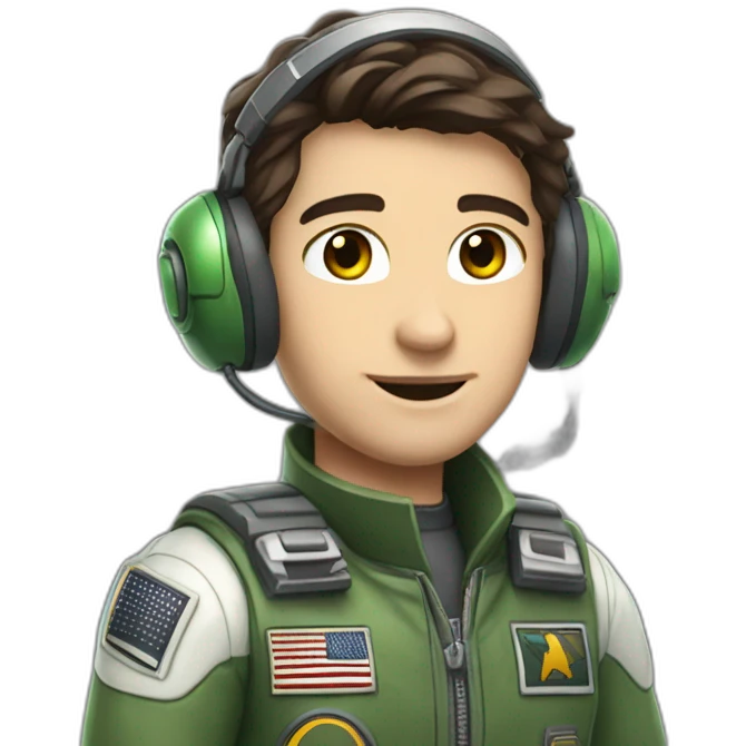 A young white male tennager with dark brown hair and brown eyes in a pilot suit and wearing a green Pilot headset emoji