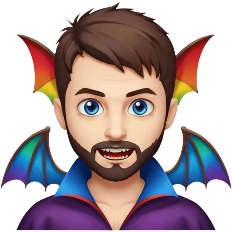 Vampire with blue eyes, short brown hair, short beard/scruff and fangs. rainbow color bats behind him emoji