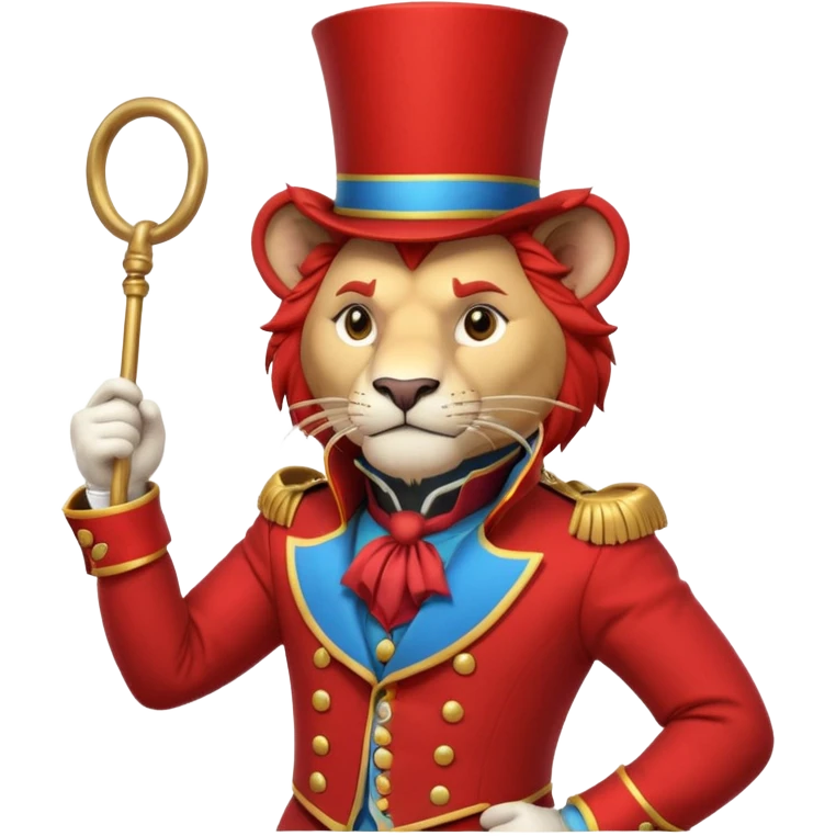circus lion tamer portrait, head and shoulders only, red ringmaster jacket collar, confident strong look, whip handle visible, 3D cartoon, mobile game icon style, clean background, no text, no watermark
 emoji