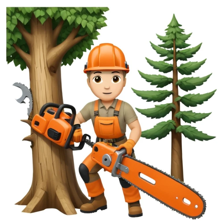 professional arborist cutting down a large tree with chainsaw, wearing safety helmet and protective gear. Scene includes detailed tree trunk, falling wood pieces, forest background, dynamic movement, and emphasis on expertise and safety in tree removal emoji