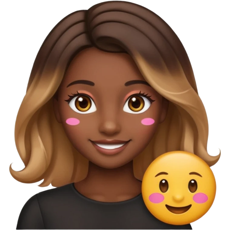 young woman, dark skin, straight hair with caramel balayage, brown eyes, curled lashes, blush, emoji style emoji