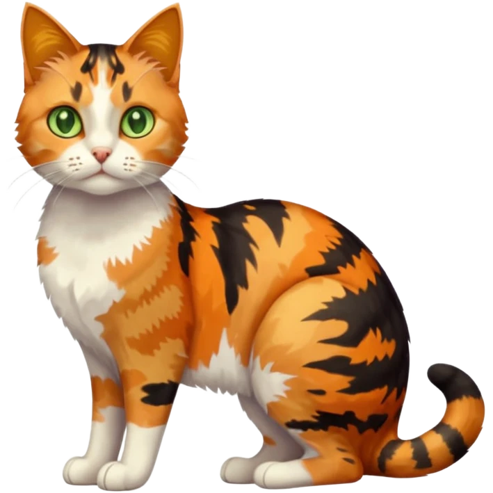 full body anxious looking colourful light calico tabby cat with large patchy patterns emoji
