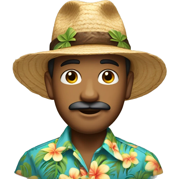wearing a hat man, with mustache, A Hawaiian shirt, small hoop earring in one ear, light skin emoji