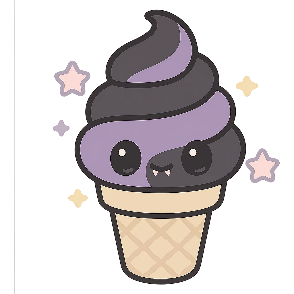 kawaii style gothic ice cream cone, cute face, black and purple swirls, tiny fangs, pastel stars, fun and gothic emoji