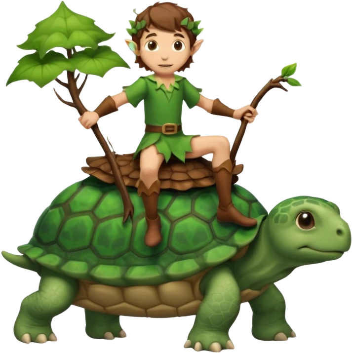tiny forest elf man brown wavy hair riding a turtoise emoji