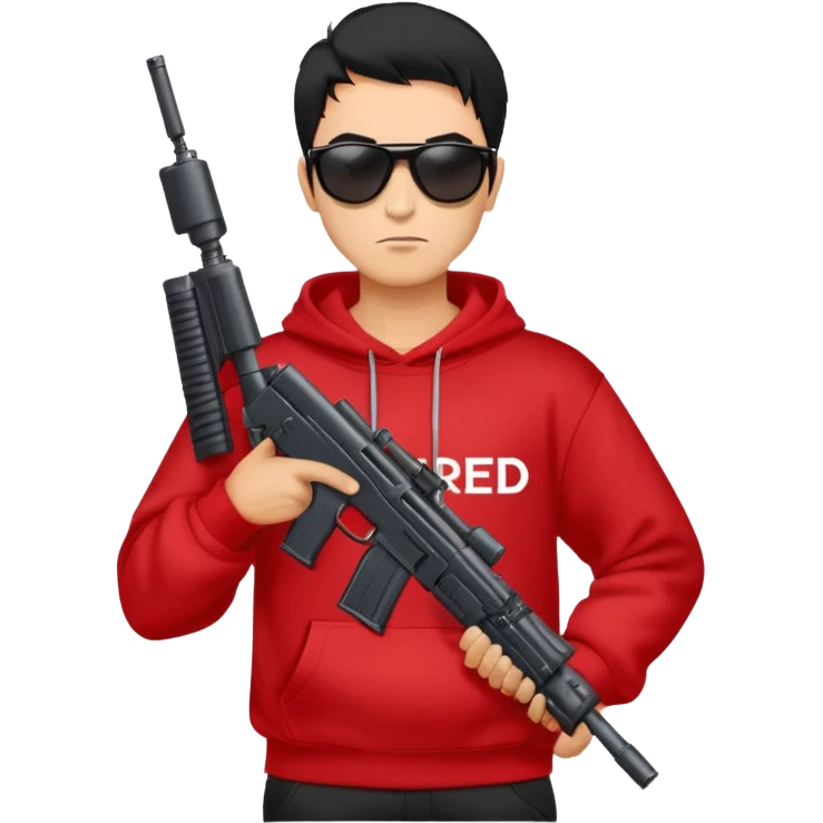 A guy in a red sweatshirt with sunglasses, with stylish black hair, holding a machine gun, and behind his back you can see the inscription: PRED emoji