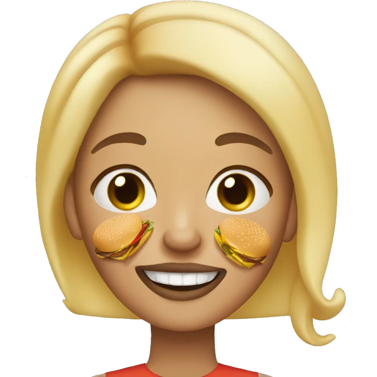 blonde woman with freckles and eyebrow piercing eating a burger emoji