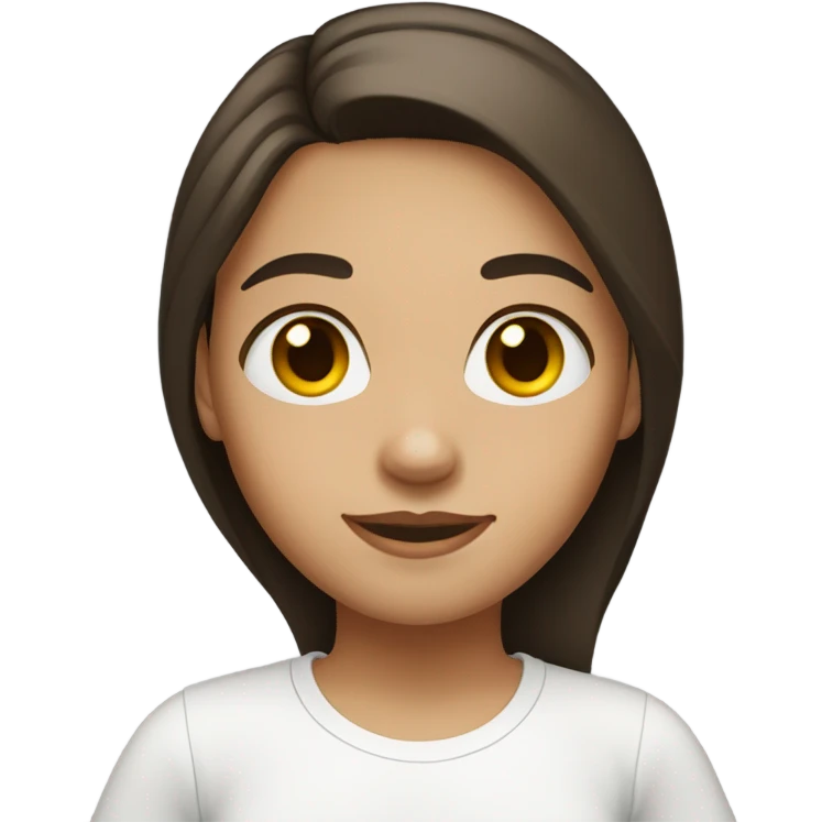 A girl with light skin, short dark brown hair, hazel eyes, wearing a white T-shirt. Her hair is shoulder length and straight.  emoji