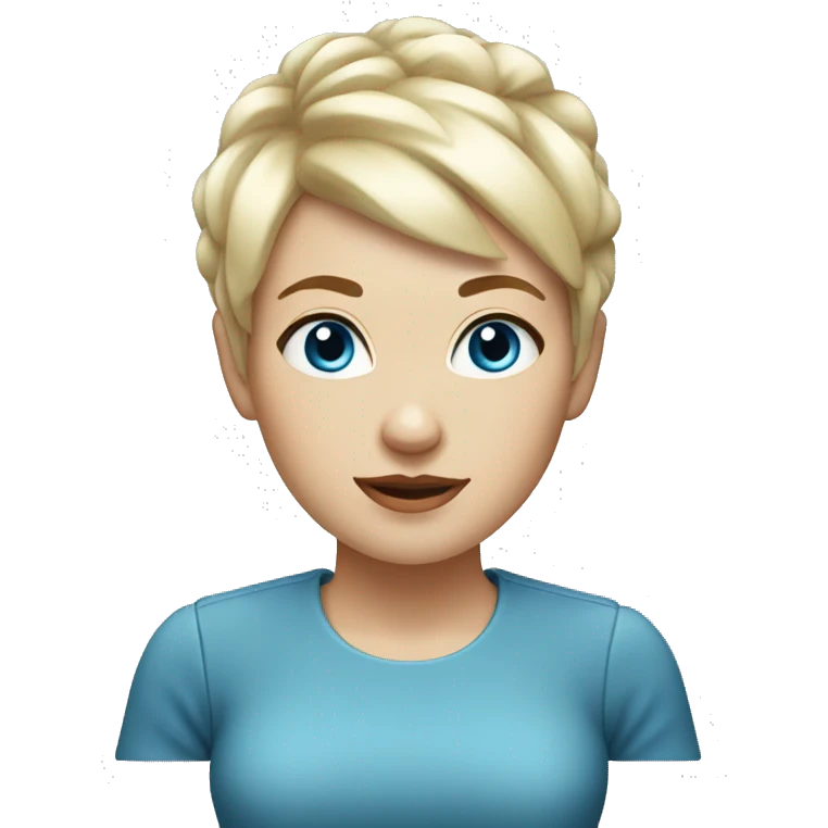 White woman with blonde hair, short pixie bangs, blue eyes emoji