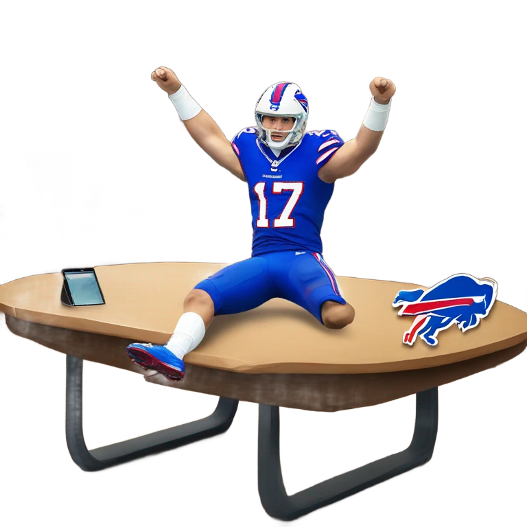 My blonde girlfriend Macy wearing a buffalo bills Josh Allen jersey and jumping through a table emoji