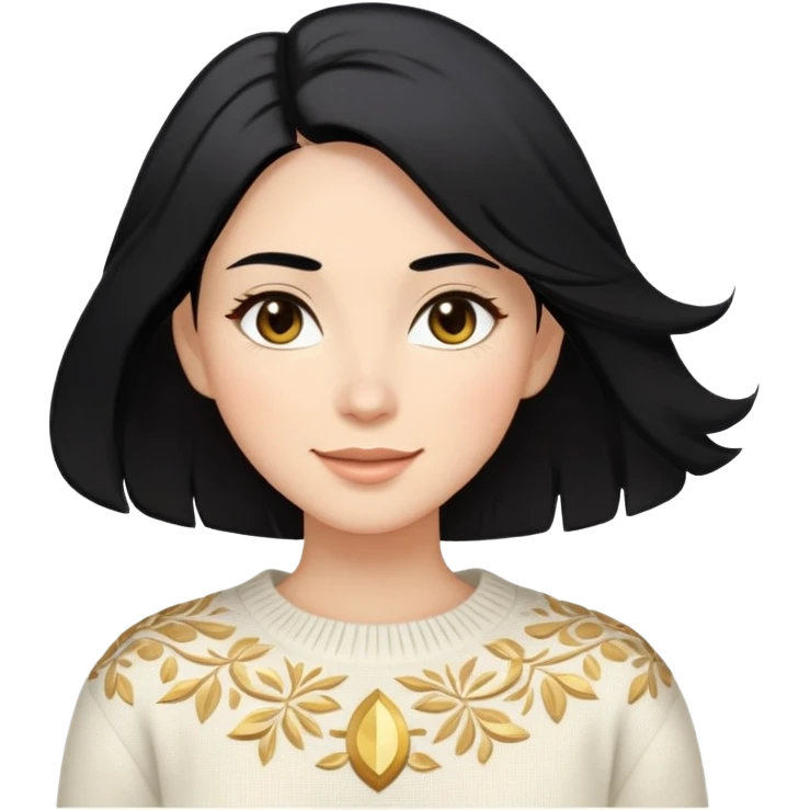 A woman with shoulder-length black hair, light to medium skin tone, full cheeks, and almond-shaped eyes, wearing a white sweater with gold design, lying comfortably on a bed with soft lighting, joyful and radiant expression. emoji