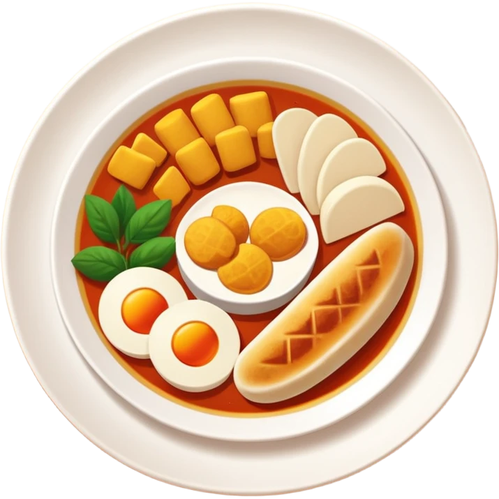 Homemade dishes on a plate, warm cozy colors, simple shapes, flat design, high contrast, friendly and inviting. emoji