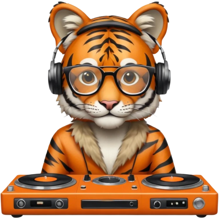 hipster tiger djing on two vinyl turntables emoji