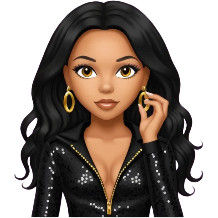 Kiely Williams from 3lw/Cheetah Girls with long jet black hair, black sequin outfit emoji