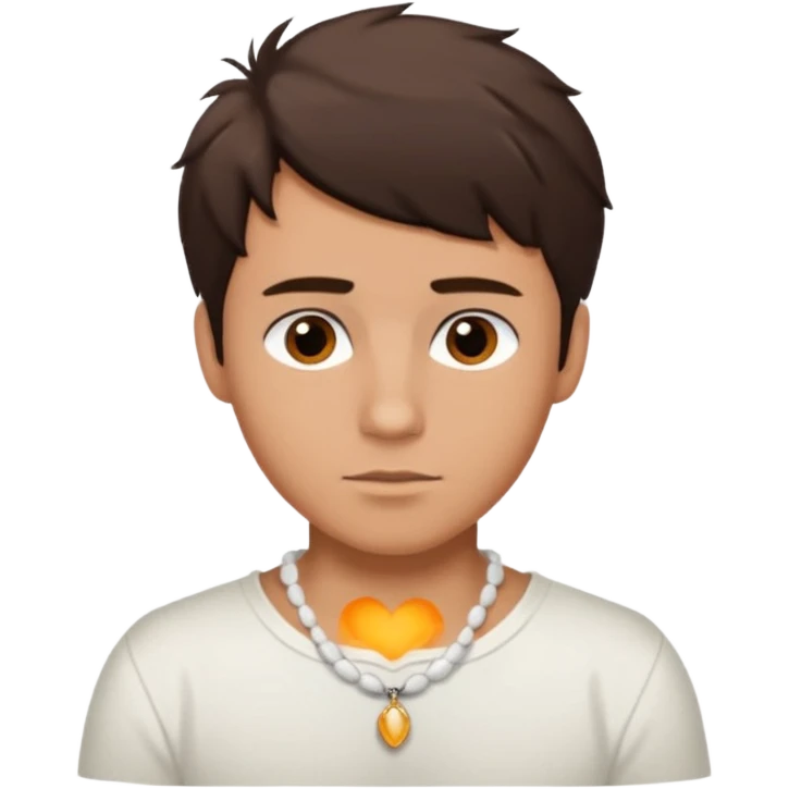 create an emoji of a young man. he has a surfer look, with short messy dark brown hair, brown eyes, tanned skin, natural lips. he wears a white tight shell necklace with a white shirt emoji