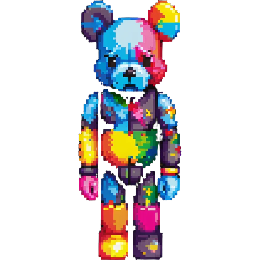 Pixel art KAWS Bearbrick figure with X eyes, blocky bear shape, vibrant colors emoji