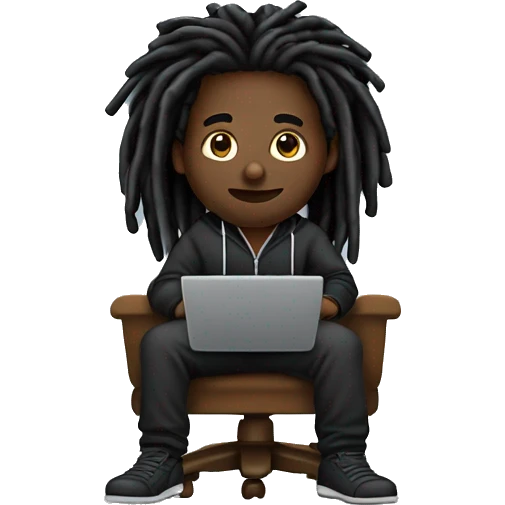 Black-guy-with-dreads-wearing-black-trackstuit-sitting-down-on-chair facing-foward-focused-on-laptop-computer- emoji
