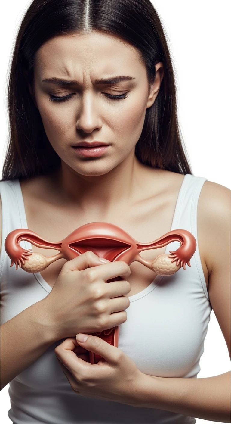 donna con utero umano realistico in evidenza dolorante, espressione di dolore in volto, sfondo bianco, non farla computerizzata, ma iperrealistica 4k emoji