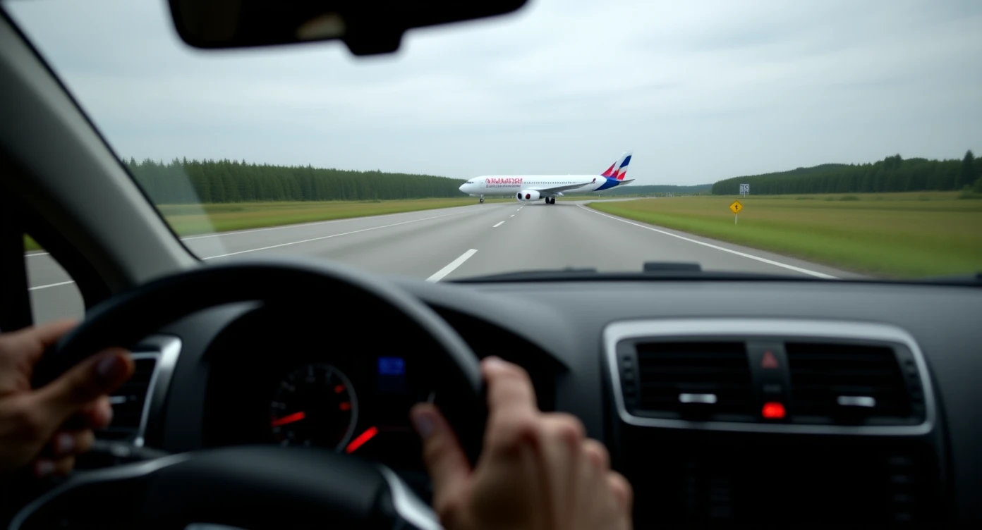 Realistic camshot pov car (hands holding car wheel) shot of a plane crash on highway emoji