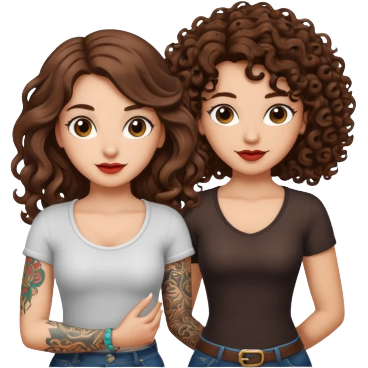 success scroll — long wavy brown hair tattooed woman and short tight curly brown hair woman — proud pose emoji