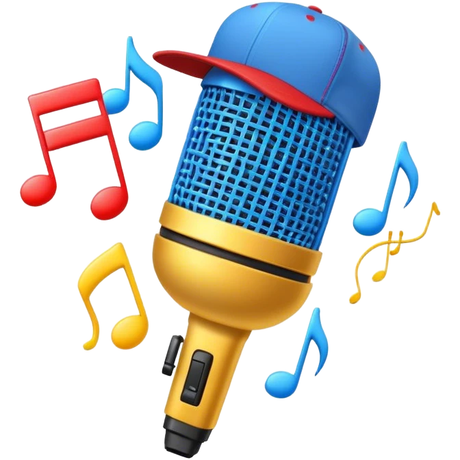 Create a dynamic and energetic emoji that represents beatboxing. The design should feature a microphone with a singing mouth and soundwaves or rhythmic beats emanating from it, symbolizing the vocal percussion and rhythm of beatboxing. Add a cap placed on top of the microphone to reflect street culture and the individuality of the performer. Include musical notes floating around to emphasize the musicality. Use bold, vibrant colors like neon blue, red, and yellow to convey energy and excitement. The background should be transparent. emoji