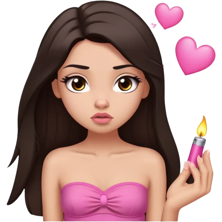 girl with lighter skin, dark brown long straight hair falling in front of her body, pouty shiny lips without cupid's bow, large eyes, lighter button nose, long oval-shaped face, wearing a pink bandeau top with straight neckline, looking directly at camera with hands down at sides emoji