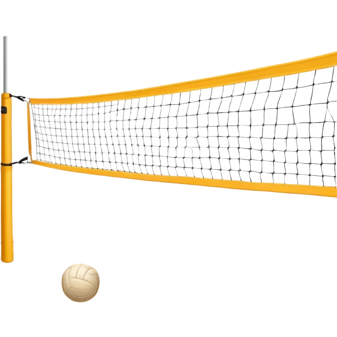 A close-up volleyball net with a ball hovering above it, set against the backdrop of a sandy volleyball court. The scene highlights the tension of an impending play, with the court lines clearly visible and a bright, sunny atmosphere surrounding the action. emoji
