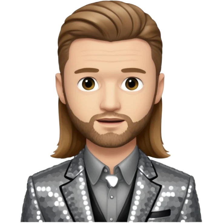 Justin Timberlake with long light brown hair, grey sequin tour outfit  emoji