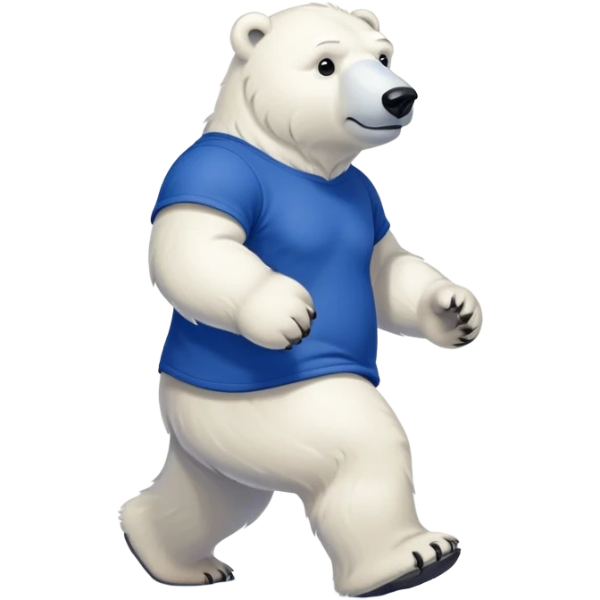 friendly anthropomorphised polar bear walking with a confident stride, wearing a royal blue t-shirt, stronger-looking emoji