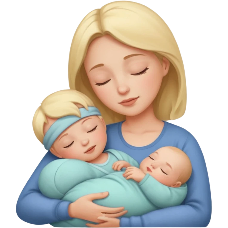 a parent sitting and holding a sleeping baby, cozy and safe, warm lighting, both look content emoji