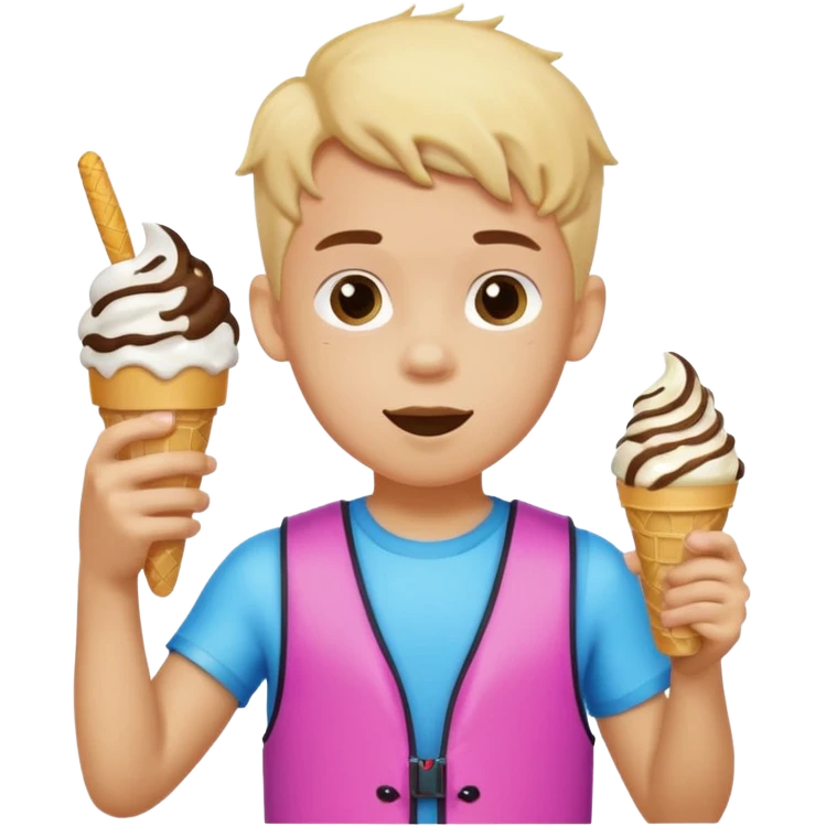 boy kid wearing arm floaties, eating ice cream emoji