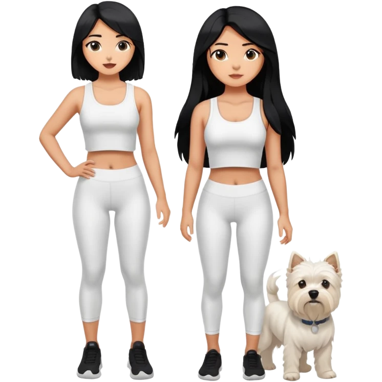 A girl with long black hair who wears white crop top and black legging, she is holding a west highland terrier emoji