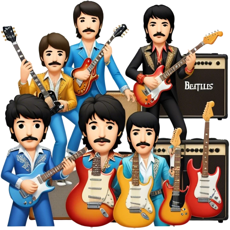 Rock music icon: dynamic collage of global rock legends like The Beatles, Jimi Hendrix, Elvis Presley, Led Zeppelin, Queen, and Nirvana, surrounded by guitars, amplifiers, and stage lights. Not all have mustaches, reflecting diverse styles. Transparent background. emoji