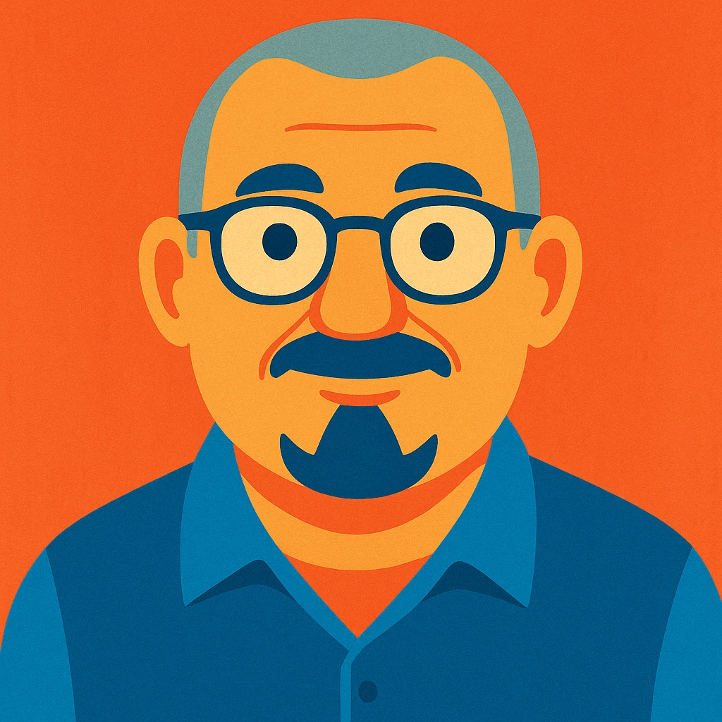 portrait cartoon d'un homme de 60 ans, cheveux très courts gris, visage rond, lunettes, moustache et bouc court emoji