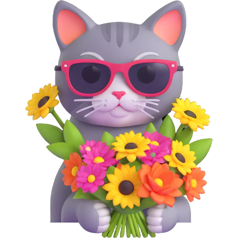 cat wearing sunglasses holding a bouquet of flowers emoji