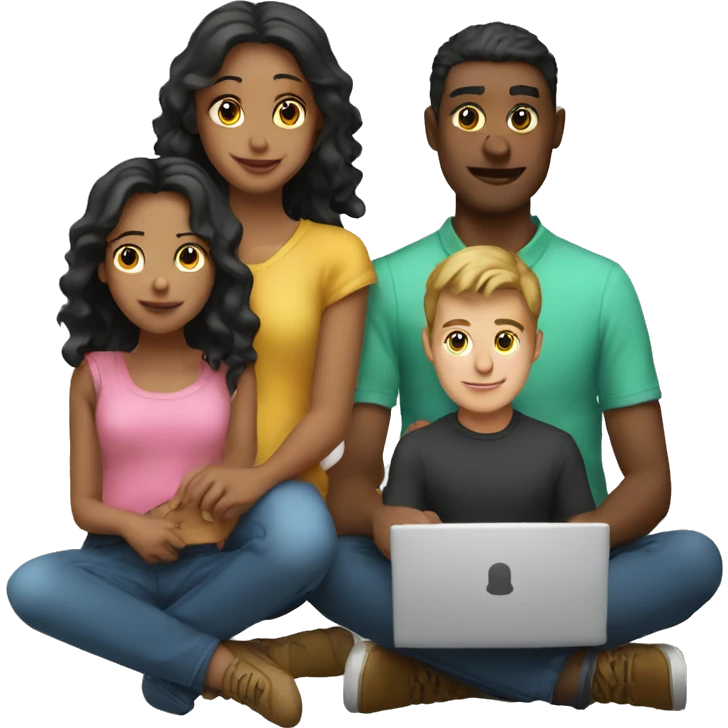 2 girl and 3 man each of them holding laptop and sit together  emoji