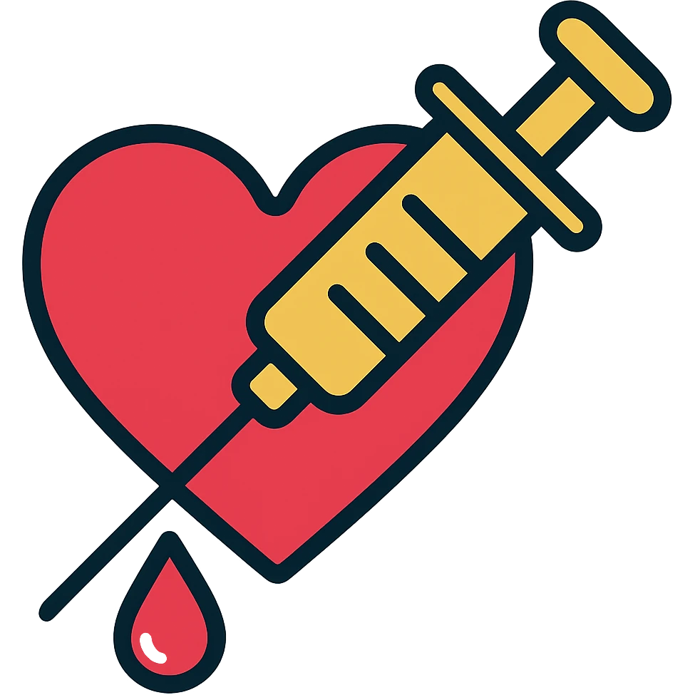 Add a blood drip coming from the syringe and heart. Keep the color outline style and no background. emoji