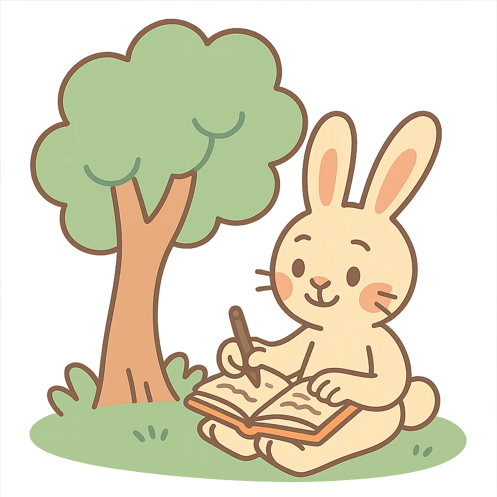 rabbit writing in a journal under a tree, pastel green and beige, pastel toon style emoji