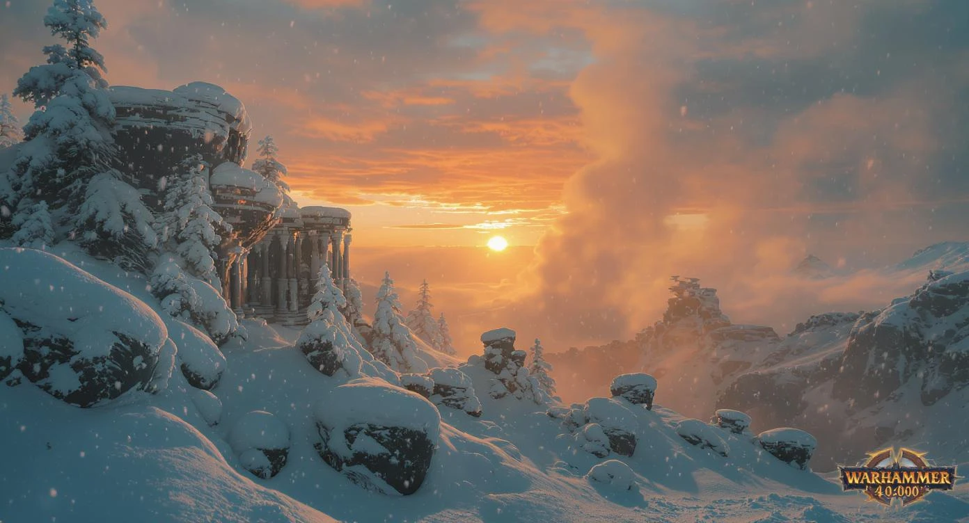 Cinematic, documentary photography, establishing shot, Warhammer 40.000 new title, in the style of snow scenes, ARRIFLEX 35 BL Camera, Canon K35 Prime Lenses, ethereal landscape, 70mm, dedication, Sunset, warm and vibrant colors, dedication emoji
