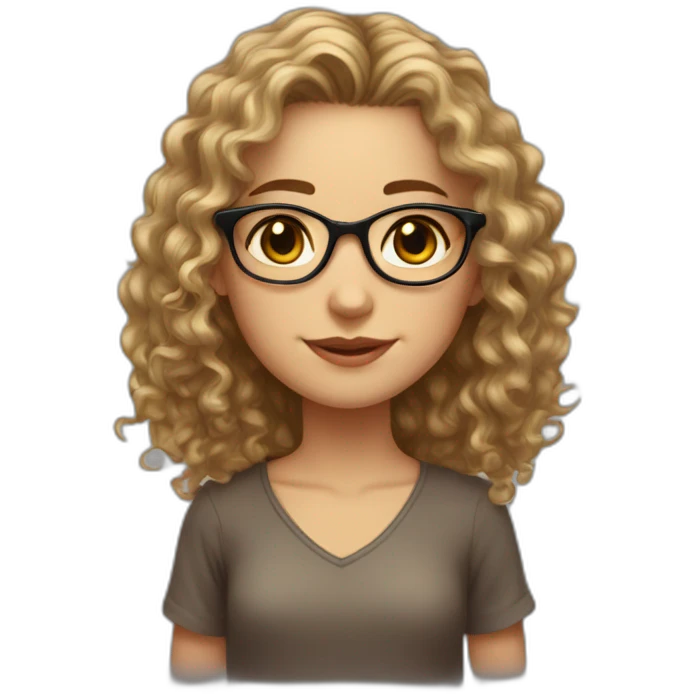 Caucasian girl, long dark hair, curly hair, brown eyes, golden glasses with tiny frames, just face emoji