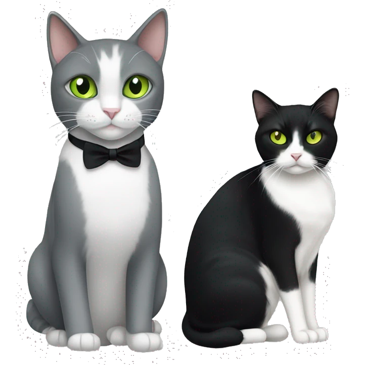 grey and white tuxedo cat with green eyes, with a black cat with yellow eyes emoji