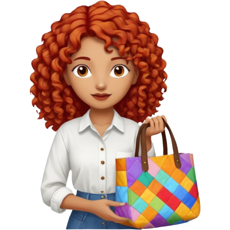 a pretty tan indian bratz girl with curly red hair, wearing an oversized patchwork white shirt, carrying a tote bag emoji