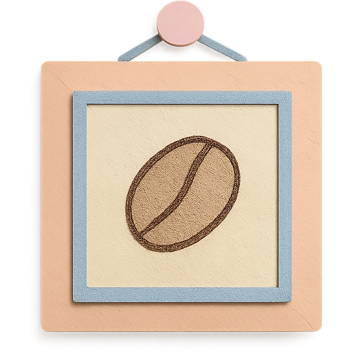 coffee shop wall art frame with coffee bean doodle, soft pastel colors, hand-drawn style emoji