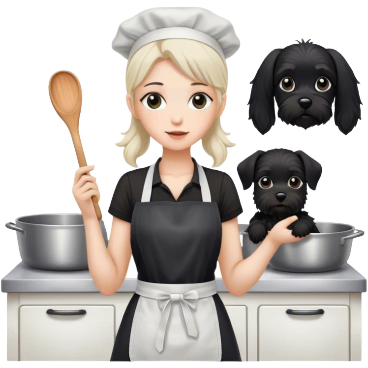pale girl with long back hair wearing black long shirt wearing apron and baking holding black floppy ear schnauzer emoji